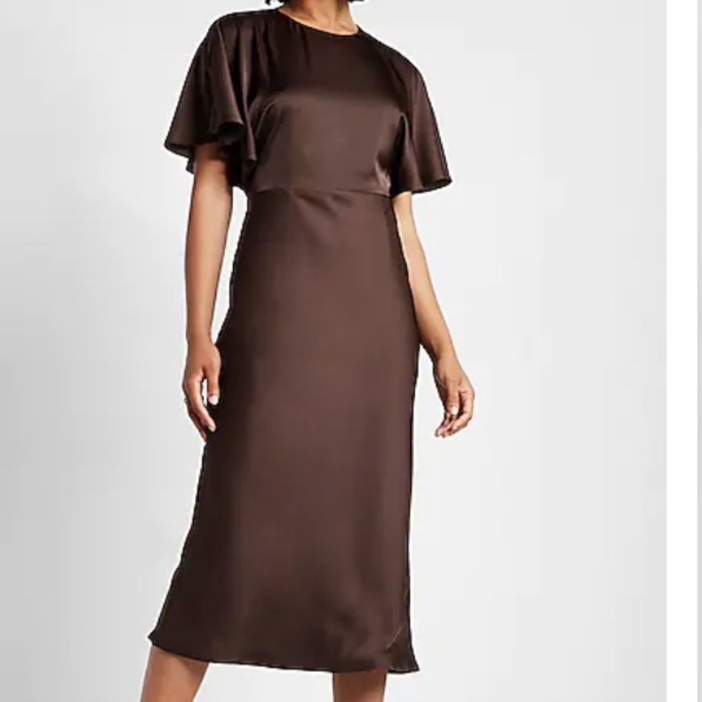 Express Brown Satin Midi Dress with Flutter Sleeves